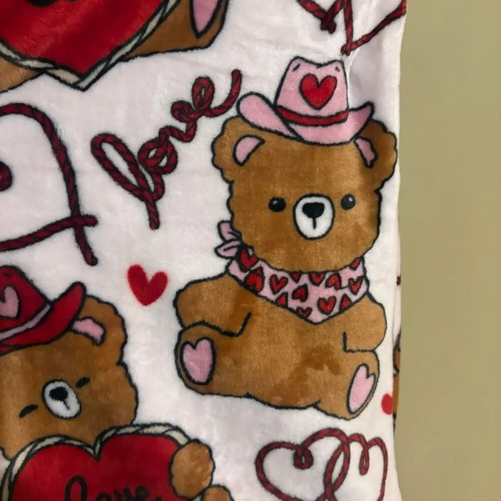 Valentines Day Western Teddy Bear Love Lasso Cowboy Hat Bandana Pink Blanket